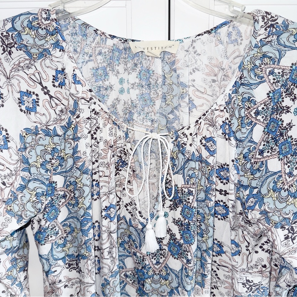 Lovestitch Boho Popover Peasant Blouse Blue/Pink Cottagecore Bohemian Sz Medium - Picture 5 of 10